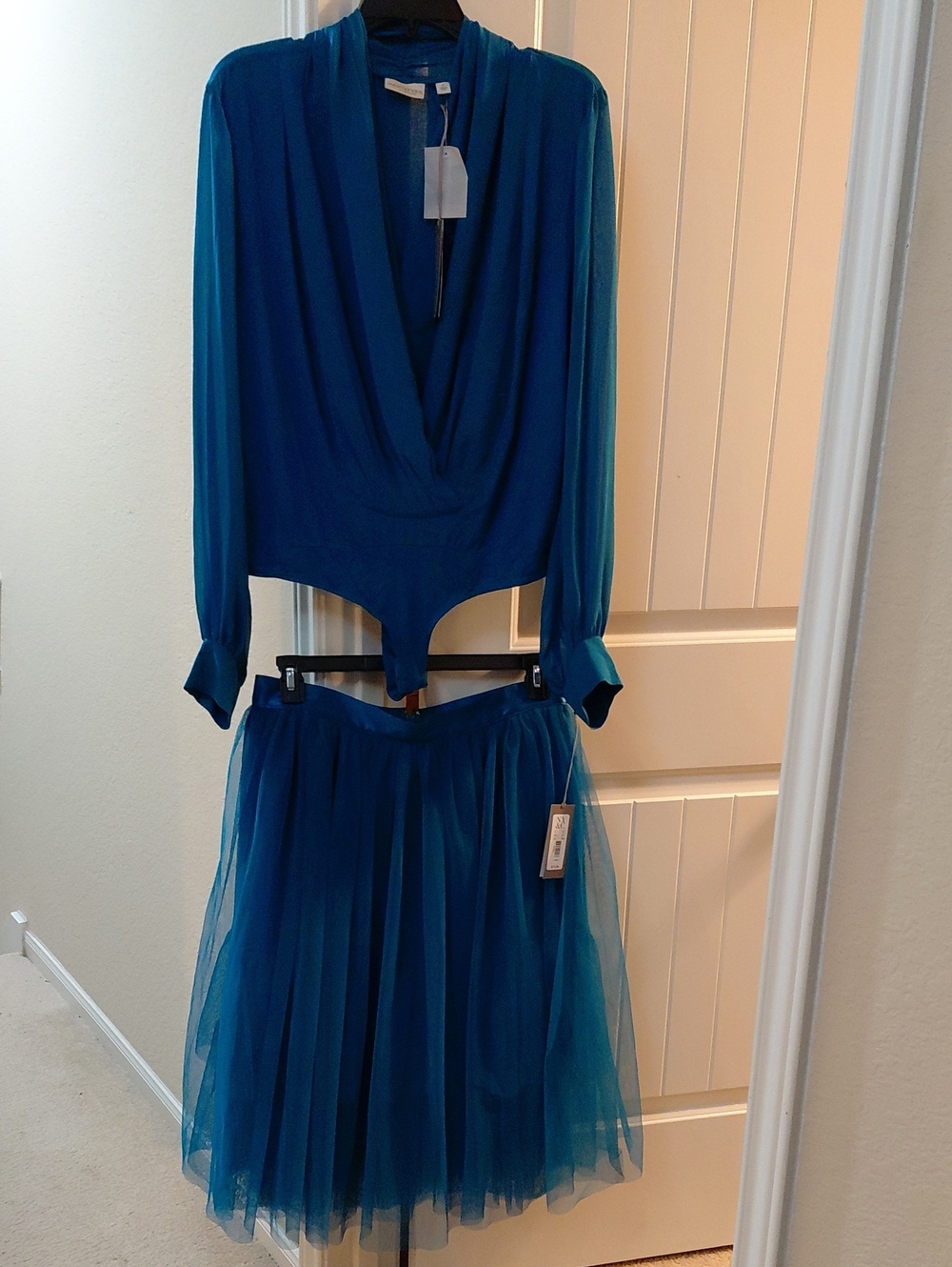 Teal Long-Sleeve Bodysuit & Tulle Skirt Dress Set